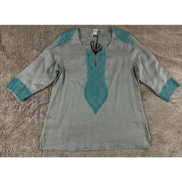 Soft Surroundings Linen Tunic Top Size L Gray Aqua Lace Boho 3/4 Sleeves - Picture 5 of 16
